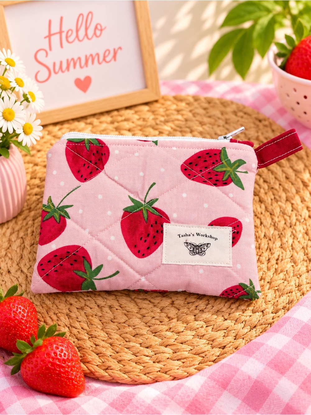 Strawberry Quilted Zipper Keychain Wallet